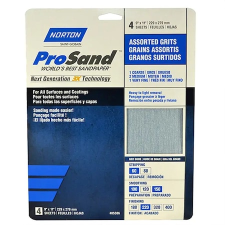 Norton Co 9" x 11" ProSand Sanding Sheet Assorted, PK 4 05386